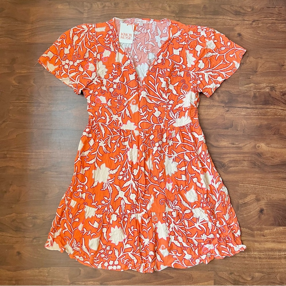 KNOX ROSE Women's Short Sleeve A-Line Dress Orange & White Floral Size XXL NWT
